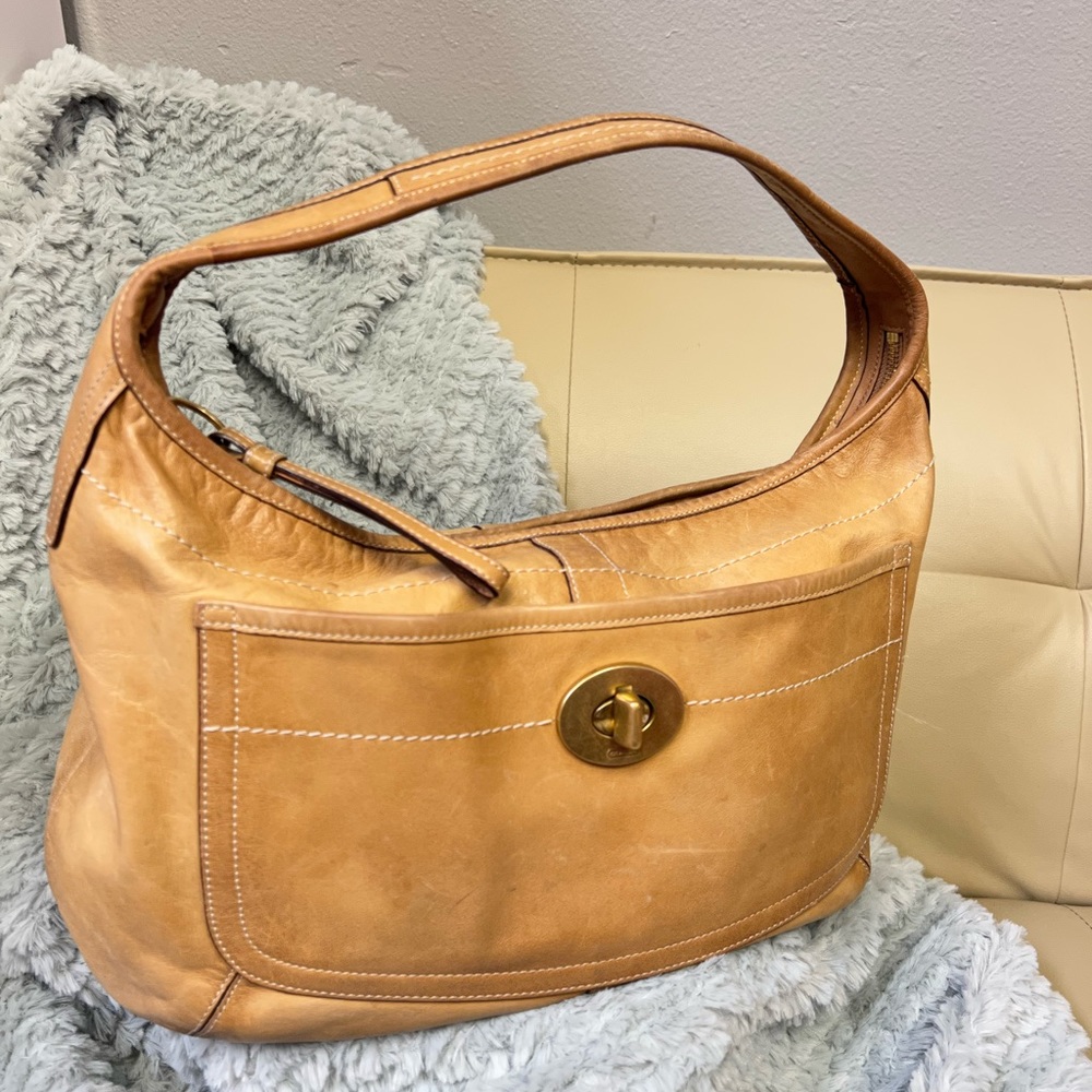 Coach Tan Leather Hobo Shoulder Bag with Gold Turnlock